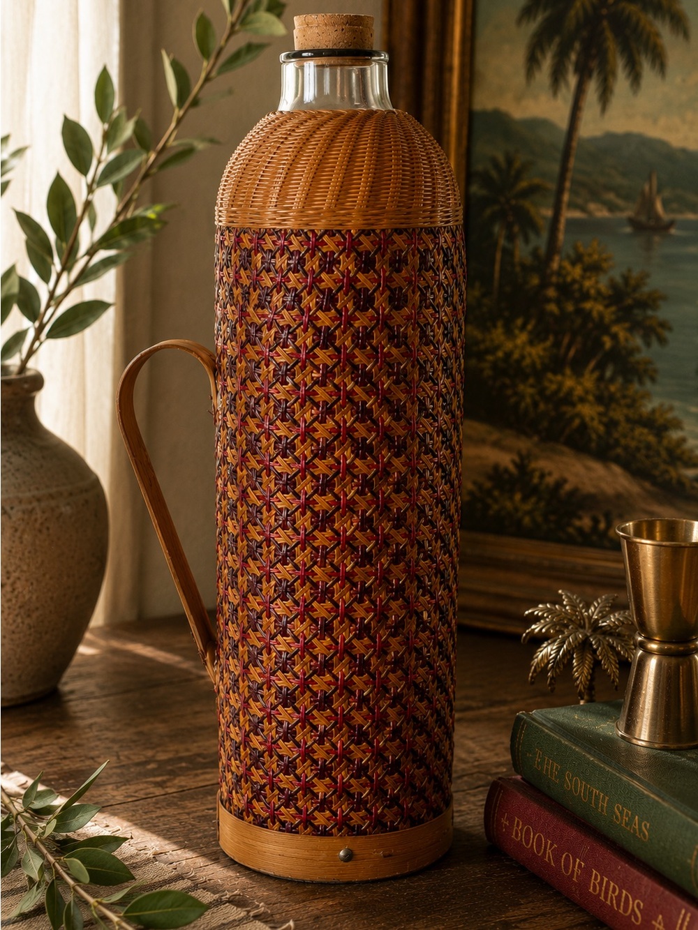 Vintage Handwoven Rattan Wrapped Glass Carafe Pitcher w Cork Stopper